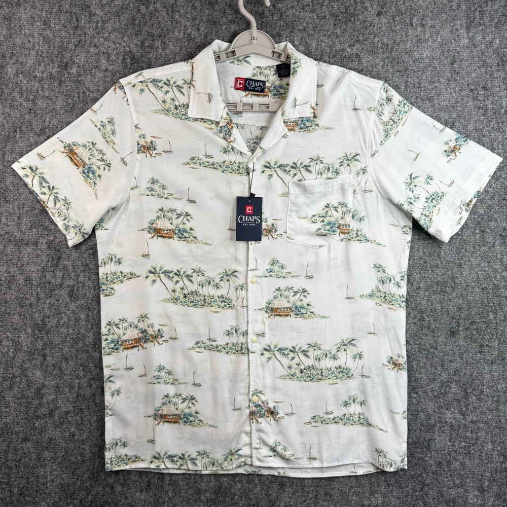 Chaps Mens Large Short Sleeve Tropical Button-Up Shirt Sea Salt Island NWT